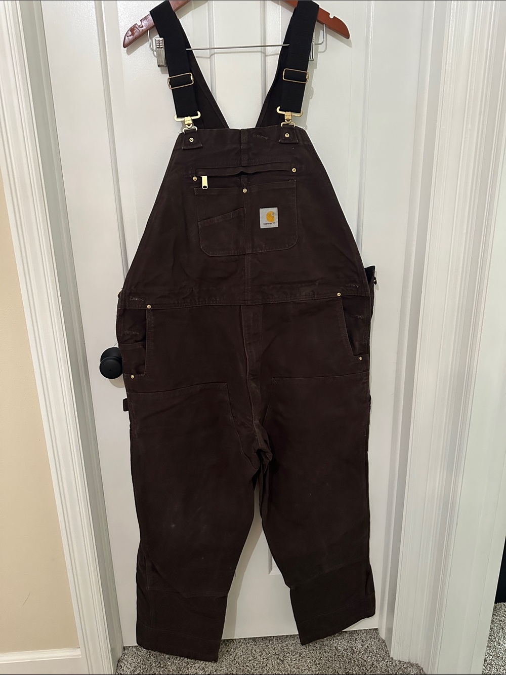 Men’s Carhartt Brown Duck Canvas Bib Overalls with Black Straps 44x30
